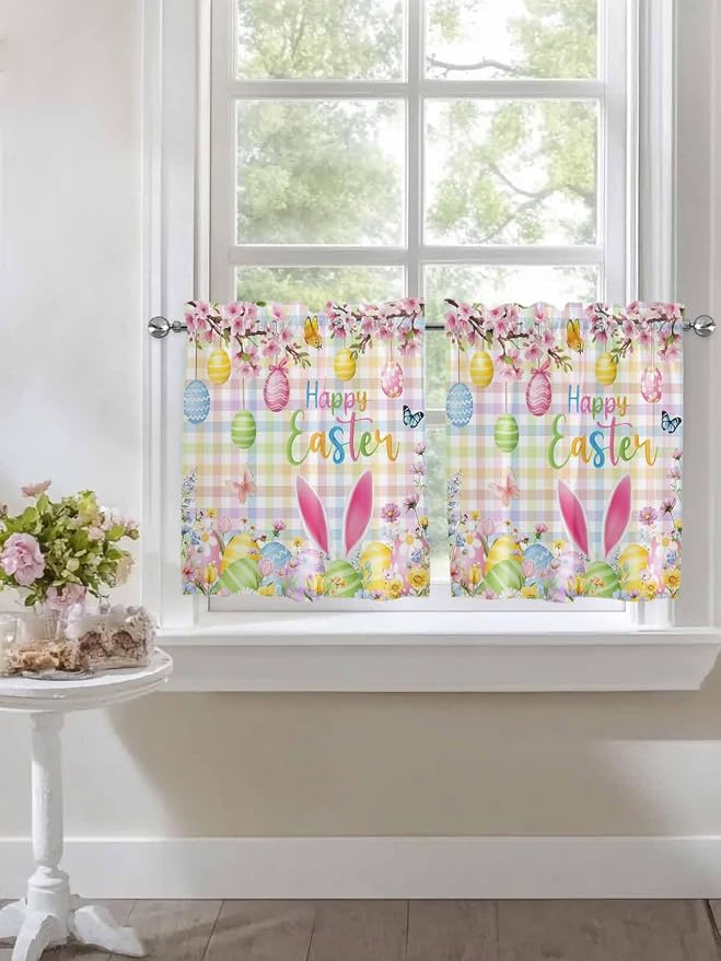 Happy Easter Half Window Curtain 36 Inches Long, Spring Bunny Colorful Eggs