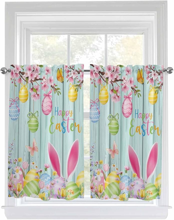 Happy Easter Kitchen Curtains 54 Inches Length, Spring Bunny Eggs Flower Teal