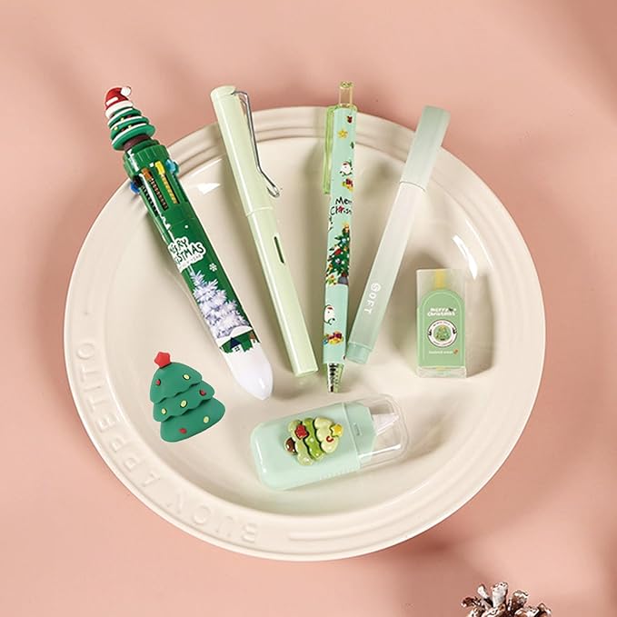 7 Pcs Cute Xmas Stationery Set Kawaii Christmas School Supplies Office Supplies Including Ballpoint Pens Pencil Sharpener Highlighter Correction Tape Eraser (X-mas(Green))