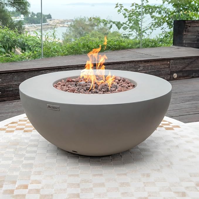 Modeno Roca Outdoor Fire Pit Propane Table 34 Inches Round Firepit Concrete Patio Heater Electronic Ignition Backyard Fireplace Cover Lava Rock Included Liquid Propane