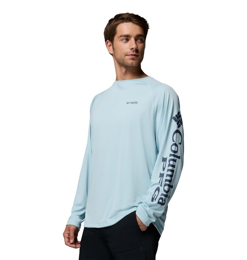 Columbia Men's PFG Terminal Tackle Long Sleeve Fishing Shirt, Marine Light/Nocturnal Logo, Small