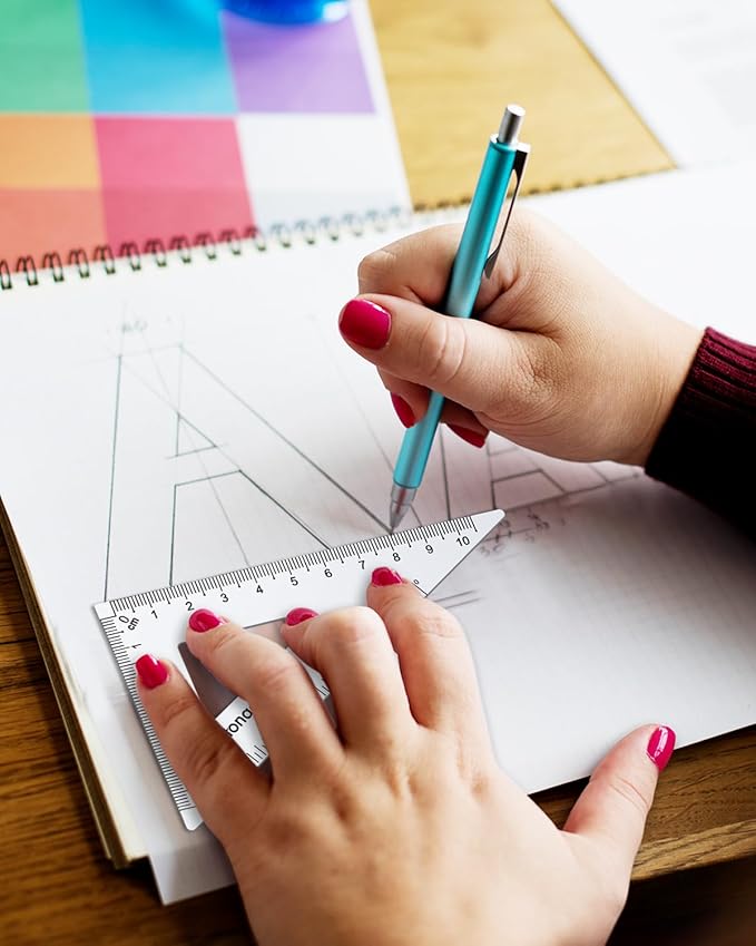 Honagu Triangular Ruler Set, 4 Pieces Aluminum Alloy Ruler, Metal Drafting Ruler, Geometric Protractor for Students, Draftsmen, Engineers, Home School Office Supplies (20cm/7.87inches, Pink)