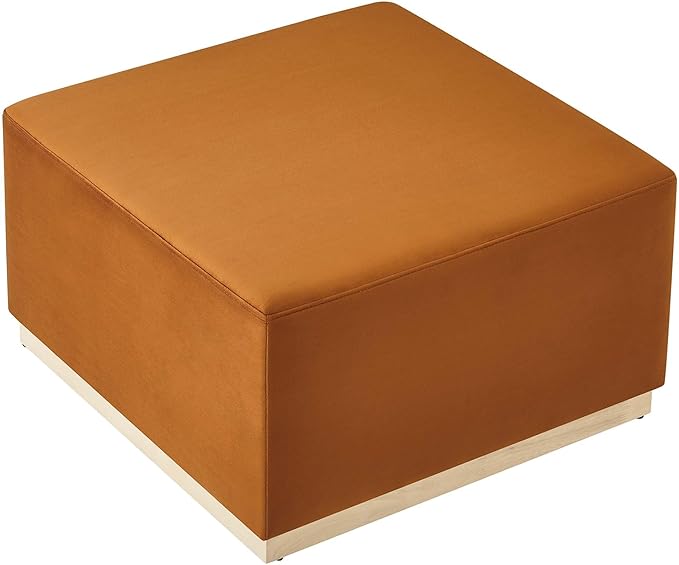 Modway Tilden 28 Inch Square Performance Velvet Upholstered Ottoman in Rust Natural - Large Ottoman Foot Rest with Rubberwood Plinth Base, Living Room Ottoman Coffee Table - Velvet Ottoman Table