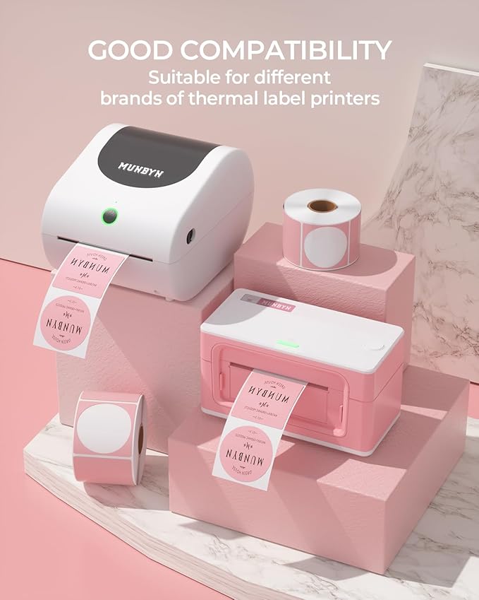 MUNBYN Bluetooth Thermal Label Printer, 4x6 Shipping Label Printer+2 Inch Pink Circle Thermal Sticker Labels+Label Holder for Rolls and Fanfold Labels