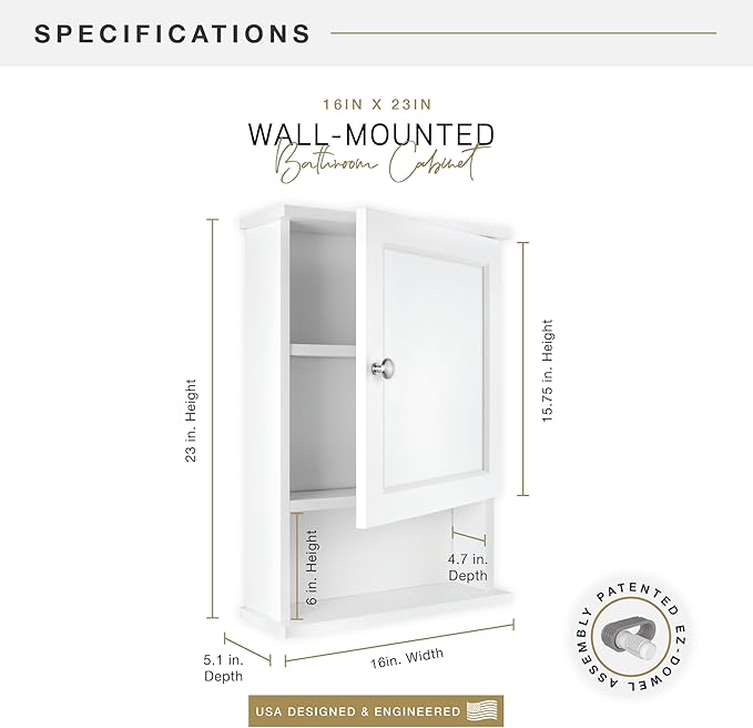 MCS 23x16 White Medicine Cabinet Organizer, Wall Mounted Bathroom Cabinet for Over-The-Toilet Storage, Bathroom Furniture & Restroom Organizer