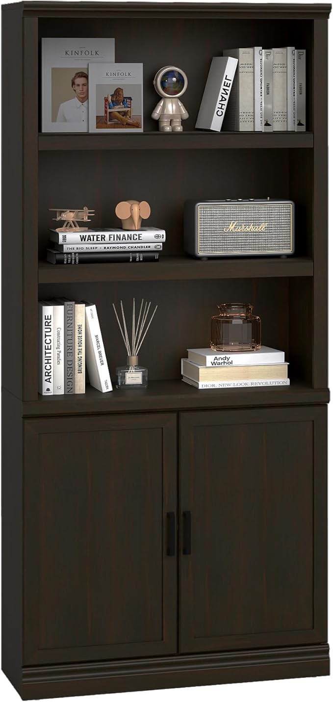 blini 5 Shelf Tall Bookcase with Doors Cherry Wood Bookshelf 31in Wide Display Standing Storage Shelf 72in Tall Wood Book Shelves for Bedroom Living Room Office Library