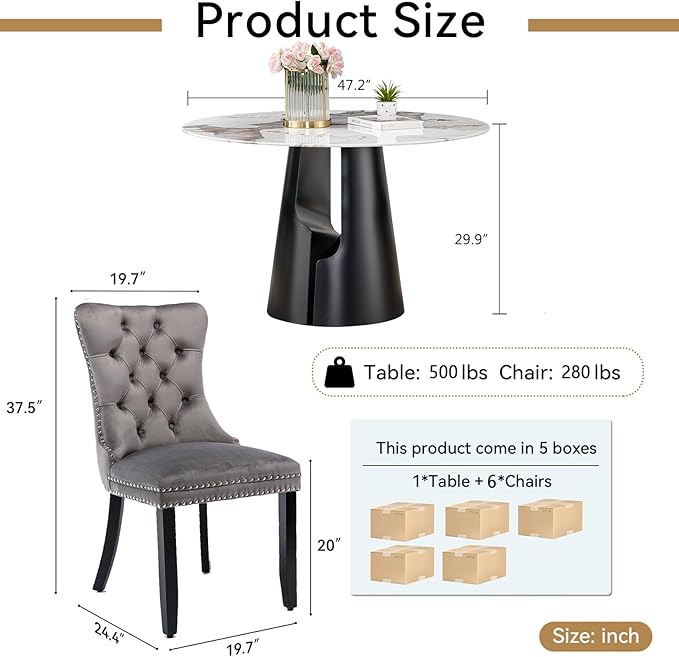 7-Piece Faux Marble Round Dining Table Set for 6, Modern Luxury Kitchen Table Set for 6 with Grey Tufted Chairs,Circle Dining Tables with Pandora Grain Top and Black Pedestal Base