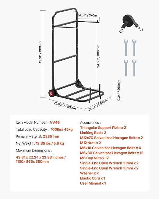 VEVOR Folding Chair Rack, 100 LBS Capacity, Heavy-Duty Chair Cart for Hanging 10 Chairs, Multi-Function Metal Chair Storage Dolly with Rubber Wheels, Push-Style Chair Holder, Matte Black
