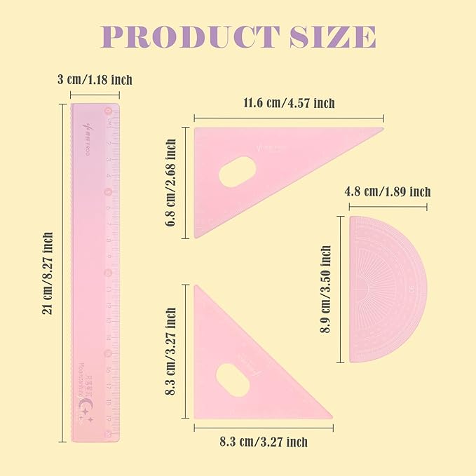 BAYTORY 12Pcs Transparent Ruler Set, Shatterproof Colorful Acrylic Rulers, Clear Lightweight Geometry Set, Student Stationery Measuring Tool, for School and Office (Macaroon Colors)