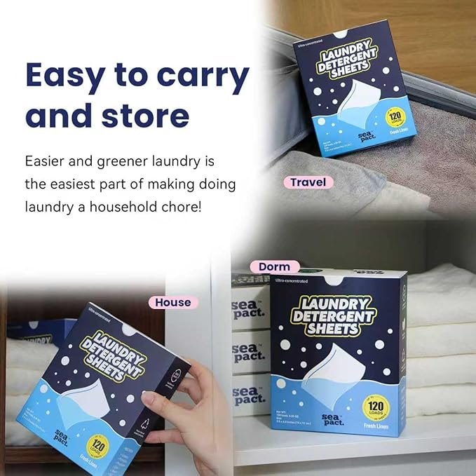 Laundry Detergent Sheets 120 Loads, Fresh Linen Scent, Plastic Free, Hypoallergenic, easy for Dorm Apartment house Travel, Sensitive Skin Friendly,Space Saving Eco Friendly, Quick Dissolve, 60 sheets