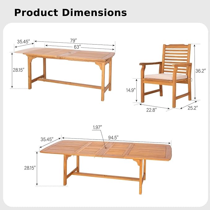 MFSTUDIO 7 Pieces Patio Dining Set, Teak Wood Outdoor Dining Set for 6, 1 x Rectangular Expandable Acacia Wood Table, 6 x Wooden Patio Dining Chairs with Removable Cushions for Backyard, Porch