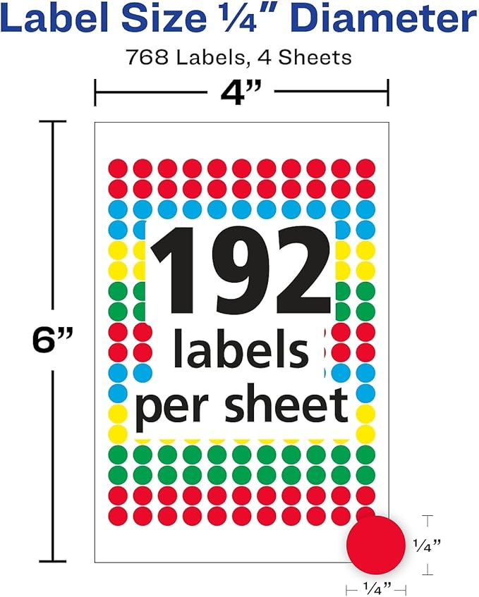 Avery 05795 Color Coding Labels, 1/4-Inch, Dia, Removable, 768/PK, Assorted