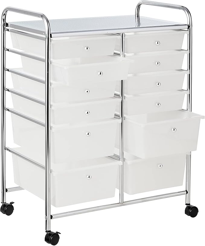 Whitmor 12-Drawer Rolling Storage Cart with Locking Wheels, Plastic Organizer for Crafts, Office, Beauty Supplies, Sturdy Metal Frame, Large Workspace, Chrome