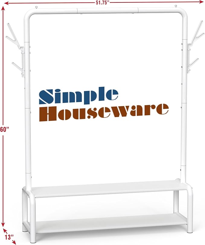 Simple Houseware 52-Inch Freestanding Closet Garment Rack with Storage Shelves and Coat/Hat Hooks, White