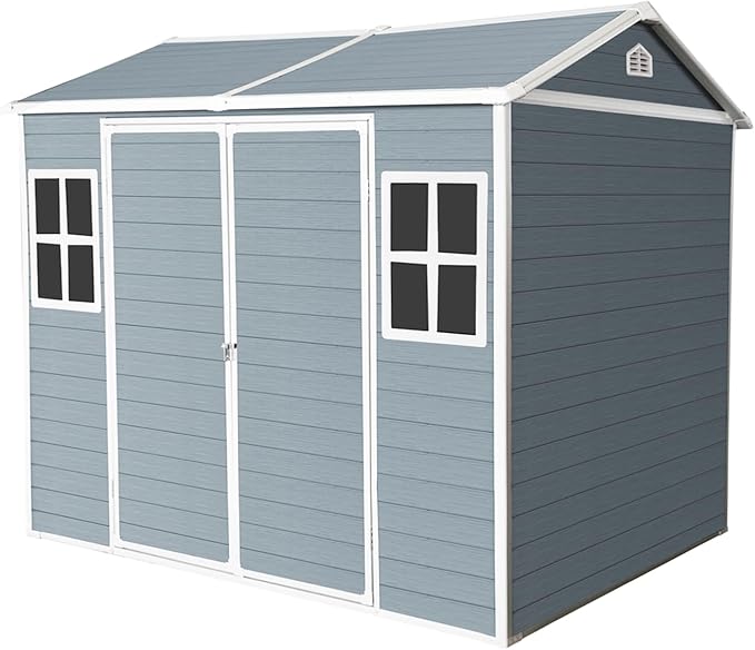 8x6 FT Outdoor Storage Resin Shed with Floor, Plastic Garden Tool Shed with Sloped Roof, Lockable Door & Windows, Easy to Assemble Bike Shed for Lawn, Backyard, Patio, Grey