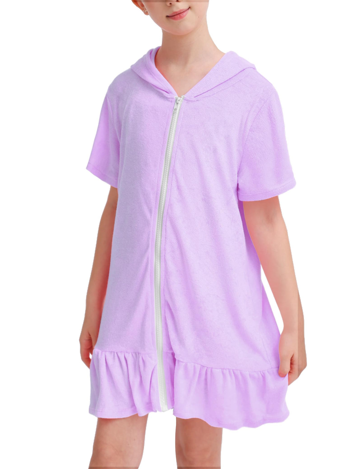 Tziharora Girls Swim Cover Up Multicolor Hooded Zip-Up Terry Swimsuit Ruffle Bathing Suit Kids Short Sleeve Swimwear