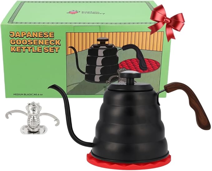 Captain Cranberry Gooseneck Kettle, Stovetop, Thermometer, Black, 40.6oz