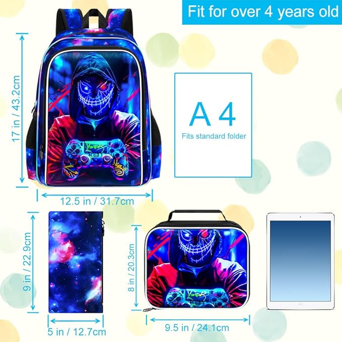 KLFVB 3PCS Backpack for Boys, 17" Kids Gaming Bookbag and Lunch Box, Water Resistant School Backpack for Teenagers Middle Elementary - Demon Game