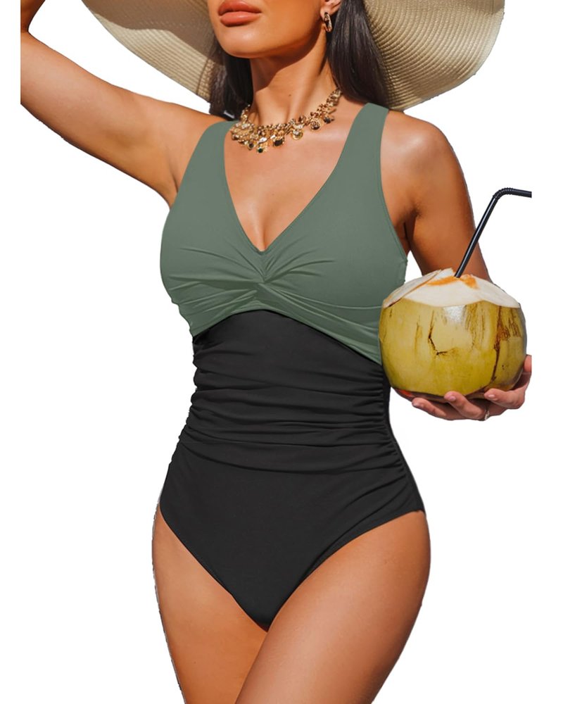 Holipick Green and Black Women Tummy Control One Piece Swimsuit - Push Up Bathing Suit Full Coverage Slimming Swimwear M