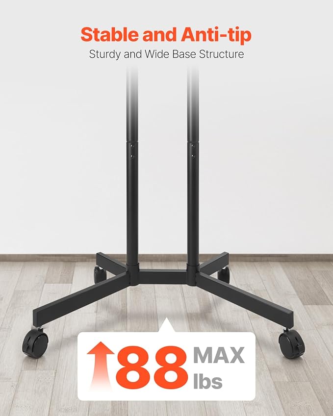VEVOR Rolling TV Stand, Mobile TV Cart for 32-65 Inch Screens, Height Adjustable, Portable Monitor Stand with Wheels Holds up to 88 lbs for Living Room, Bedroom, Office, Outdoor, Max VESA 400x400mm