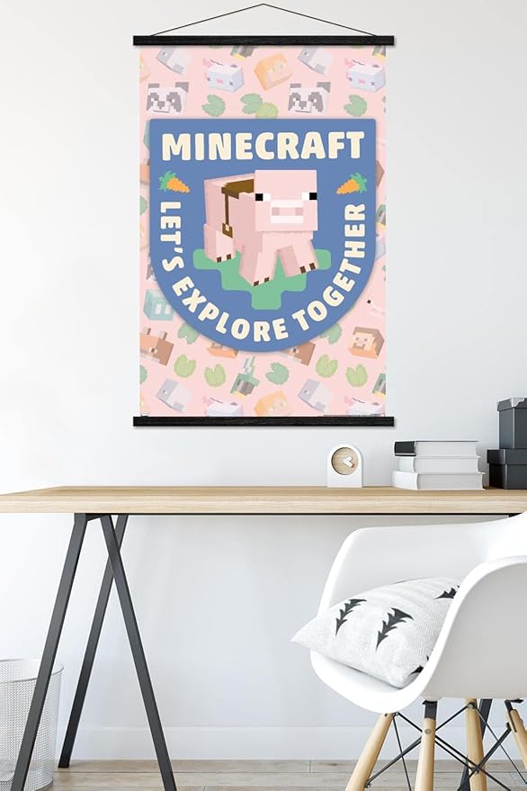 Trends International Minecraft - Let's Explore Together Wall Poster with Magnetic Frame, 34L x 22.4W, Premium Print and Black Hanger Bundle