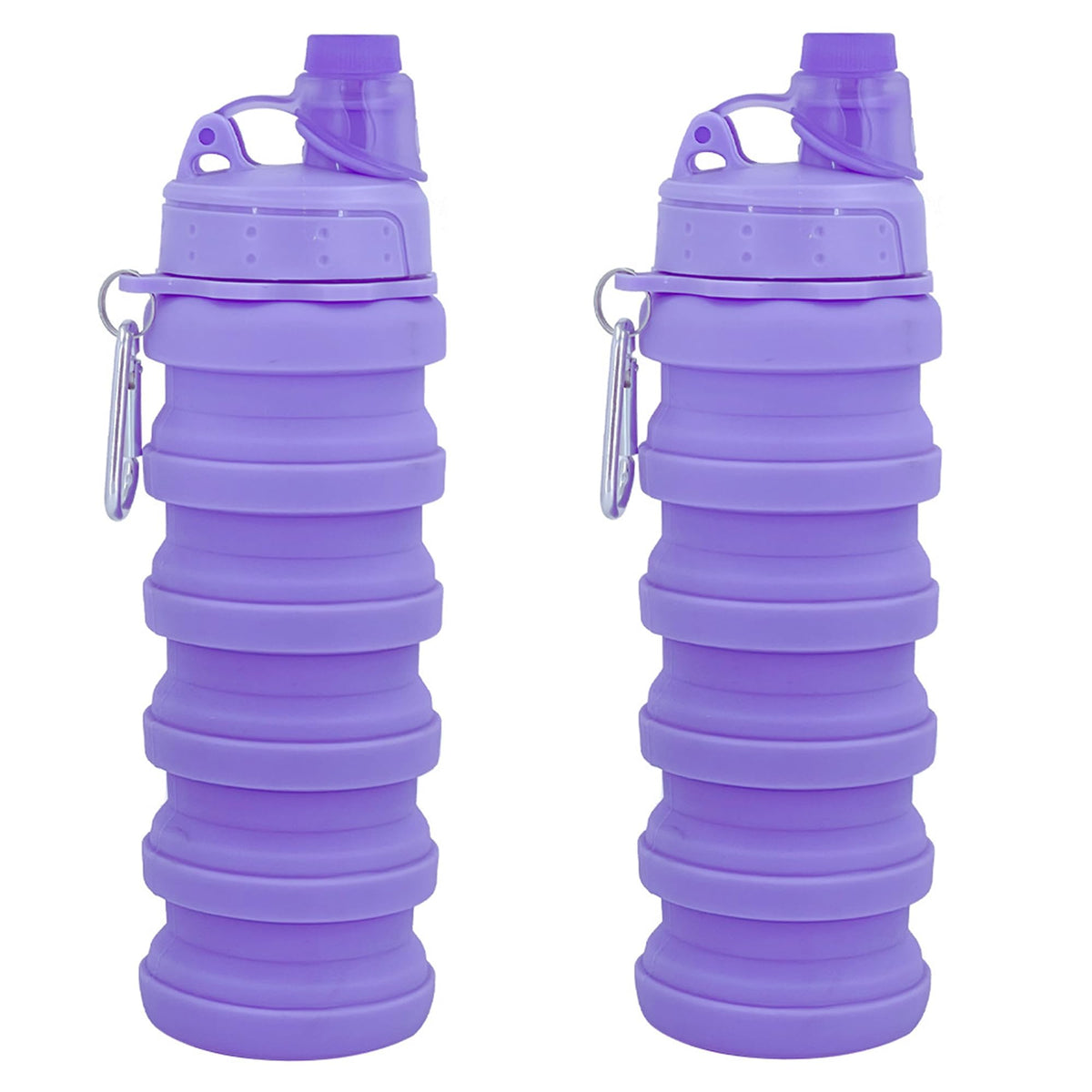 YCTMALL Collapsible Water Bottles Two Pack Travel Sports Portable Sport Water Bottle comes with mountaineering Buckle 500ml silicone Water-proof camping water bottle (Purple and Purple Color)