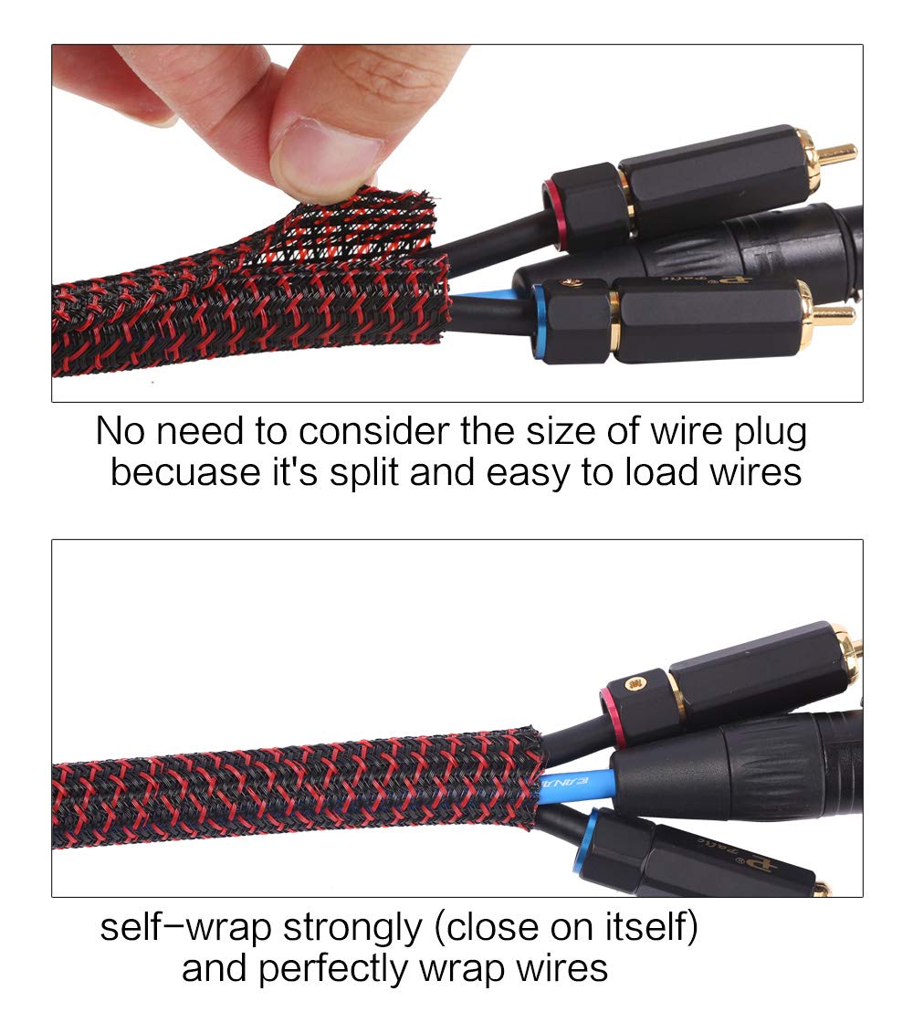 Alex Tech 25ft - 1/2 inch Cord Protector Wire Loom Tubing Cable Sleeve Split Sleeving For USB Cable Power Cord Audio Video Cable – Protect Cat From Chewing Cords - Blackred