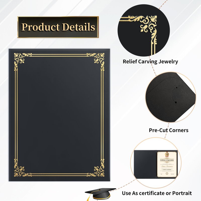 12 Packs Certificate Covers,Black Cardboard Diploma Cover,Certificate Holders Gold Foil Border,for Letter Size 8.5 x 11 Inch Awards and Certificates