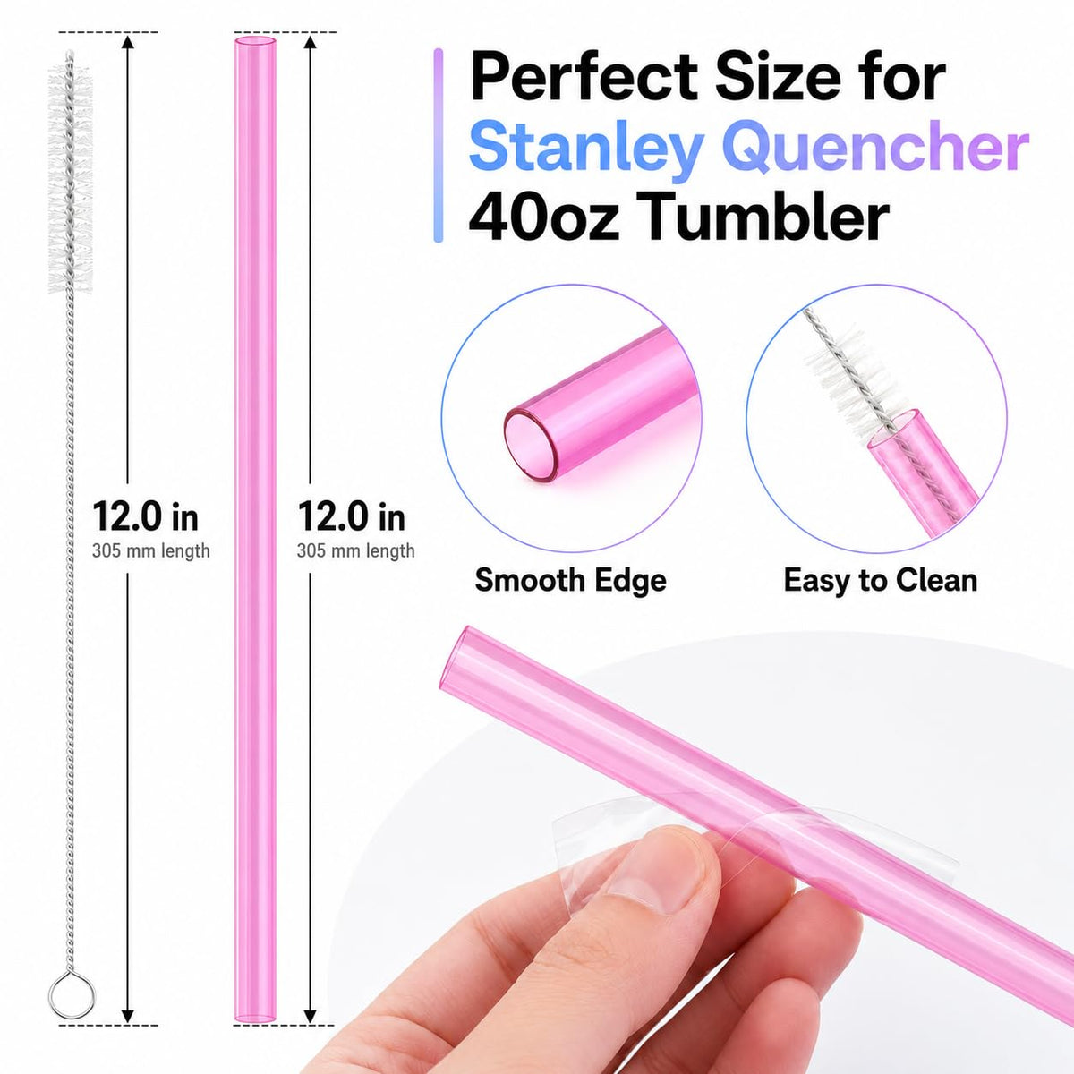 Joshey 12 Inch Tritan Replacement Straws for Stanley 40oz Tumbler - 6 Pack Reusable Long Straws with Cleaning Brush, Fits 30oz & 40oz Stanley Cup Accessories, BPA-Free (5 Colors)