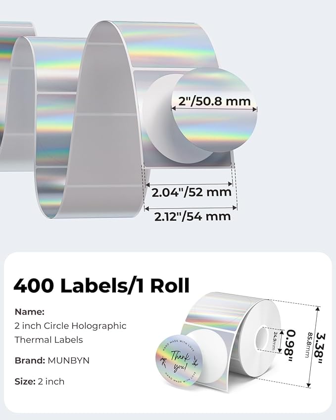 MUNBYN 2" Circle Holographic Thermal Labels, Round Printable Rainbow Glitter Thermal Printer Sticker Labels for Gift Wrapping, Self-Adhesive Name Price Tag DIY Custom Logo Design, 400 Sheets/1 Roll