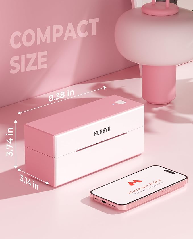 MUNBYN Bluetooth Thermal Label Printer, 4x6 Shipping Label Printer+2 Inch Pink Circle Thermal Sticker Labels+Label Holder for Rolls and Fanfold Labels