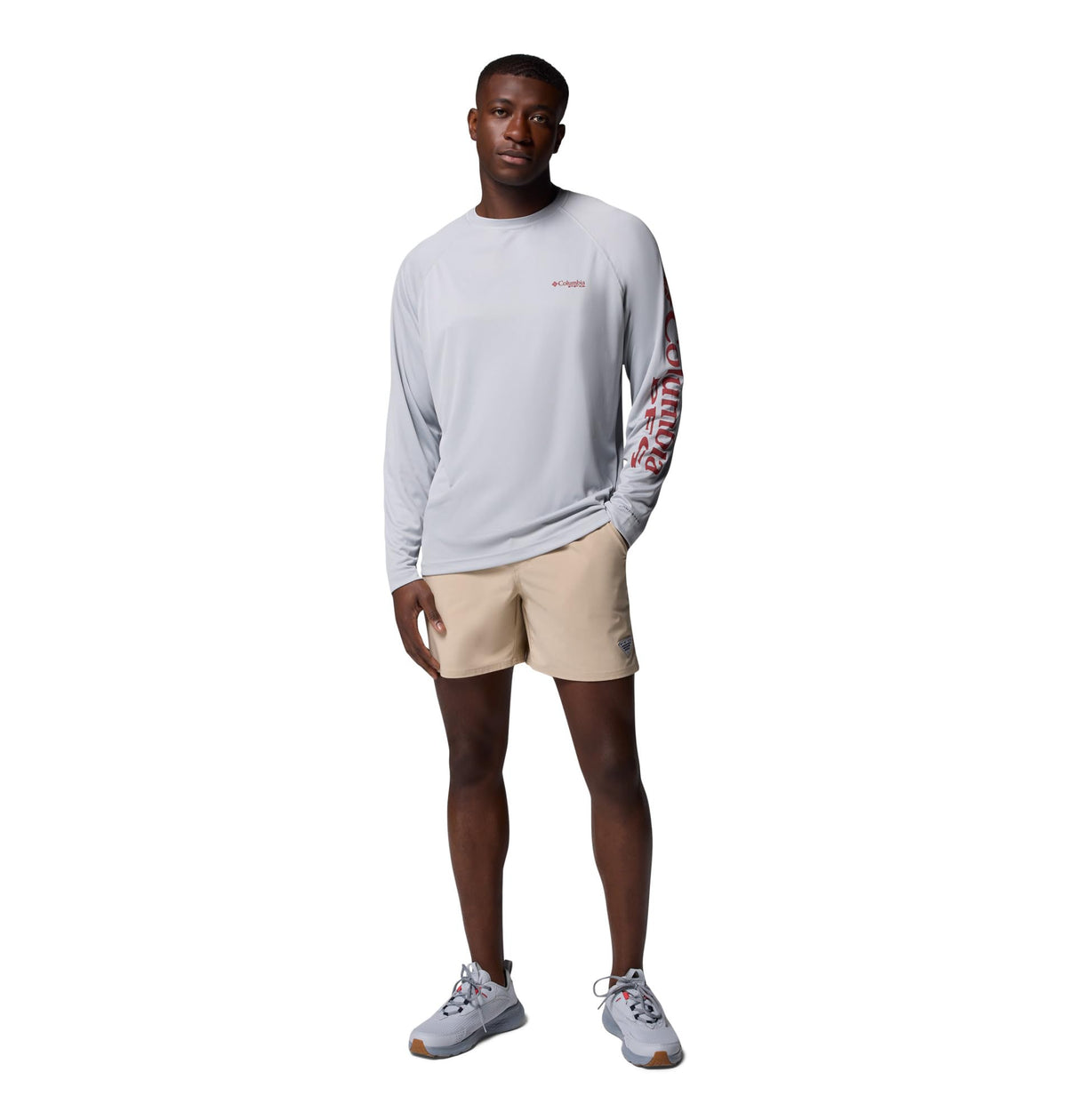 Columbia Men's PFG Terminal Tackle Long Sleeve Fishing Shirt, Cool Grey/Dusty Crimson Logo, Medium