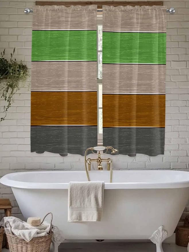 Farm Gray Green Brown Wood Grain Window Valance Curtains, Rustic Wooden Plank