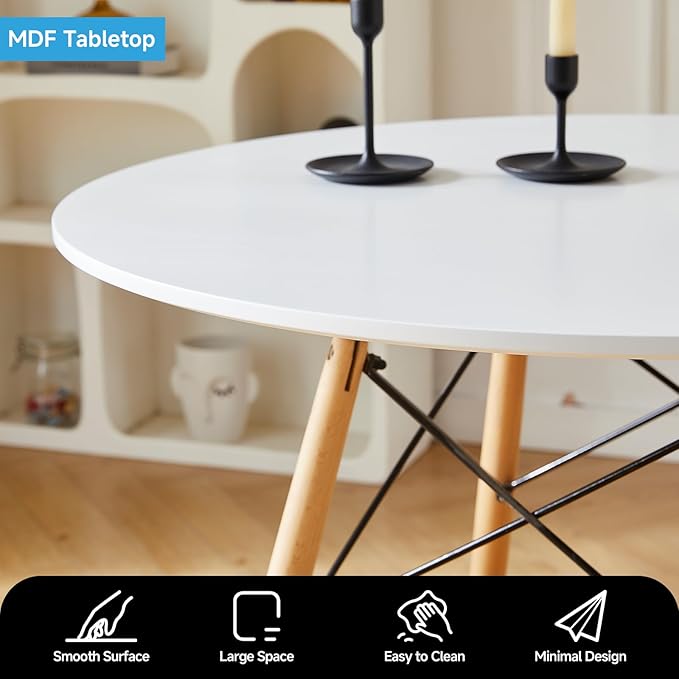 Round Dining Table Set for 4 31.5" Wood Dinner Table Circle Dining Table Kitchen Table Chairs Set of 4 with Wood Strip Base for Kitchen Living Room Space Saving Apartment(White)