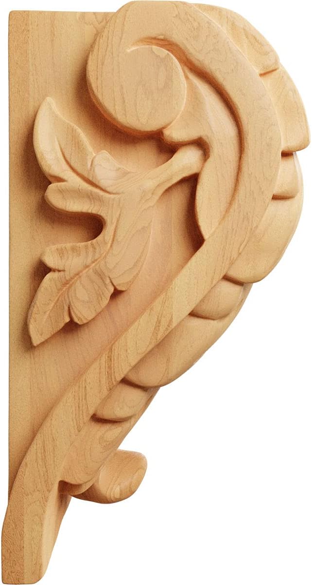 Ekena Millwork CORW05X04X07BARO Extra Large Acanthus Leaf Block Wood Corbels, 4 1/2"W x 3 3/4"D x 7"H, Red Oak