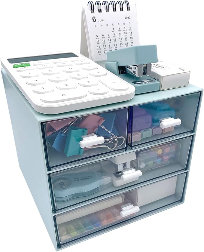Makeup Organizer, Desk Organizer with 4 Drawers, Sundries Storage，Vanity Cosmetic Storage Box, Bathroom Counter or Dresser, Blue (QBH-4CT-2)
