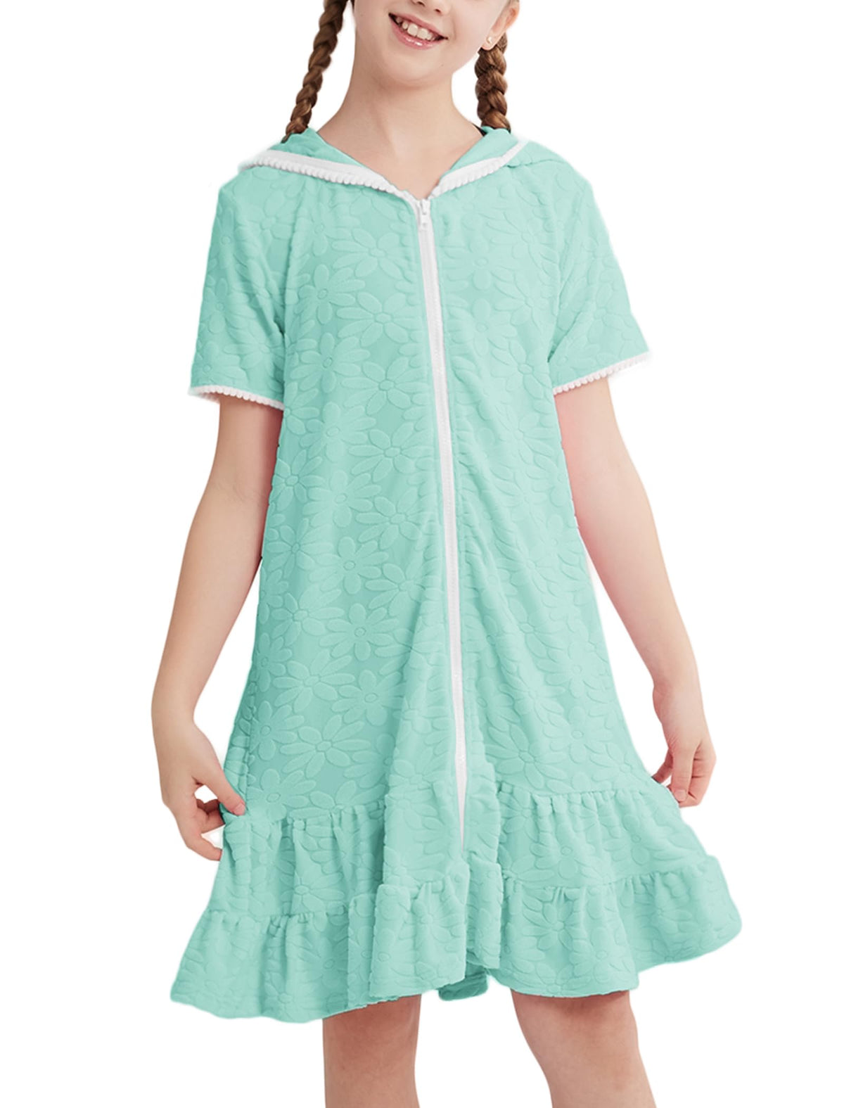 Weixinbuy Girls Swim Cover Up Kids Swimsuit Terry Zip Up Swimwear Hoodie Dress Wraps Beach Bathing Suit Size 6-7 Green