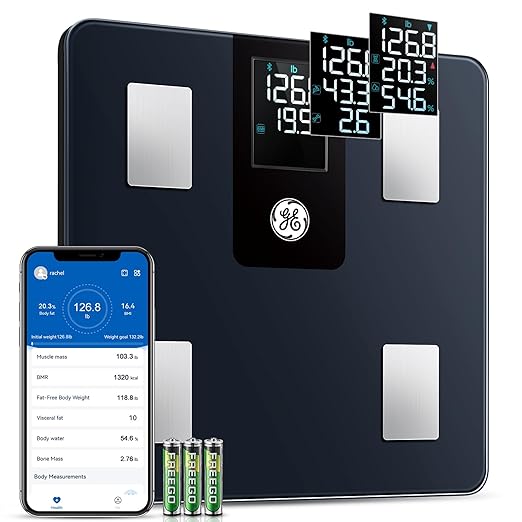 GE Smart Scale for Body Weight and Fat Percentage with All-in-one LCD Display, Digital Bathroom Weight Scales Bluetooth Body Composition Analyzer with App, Accurate Weighing, 400 lbs / 180 kg
