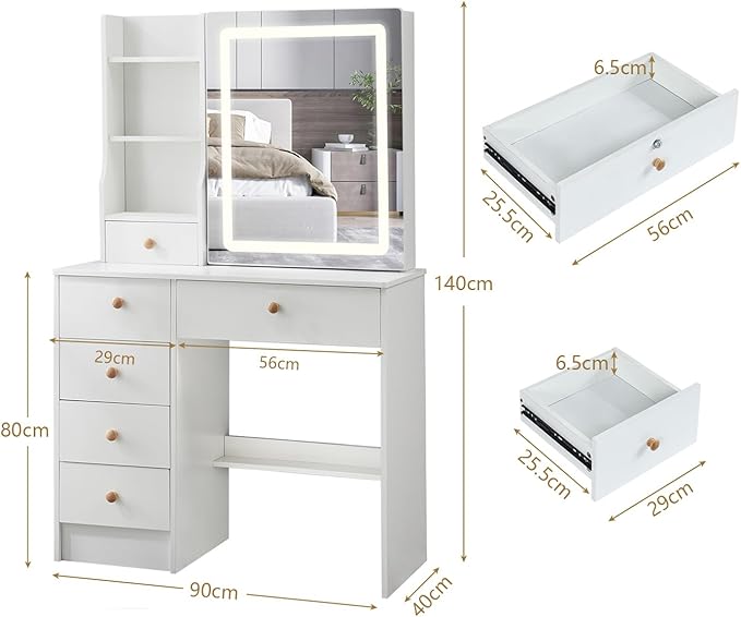 Vanity Desk with Mirror and Lights, Makeup Vanity 3 Color Modes & Adjustable Brightness, 6 Drawers Vanity Desk with Upholstered Stool with Chair