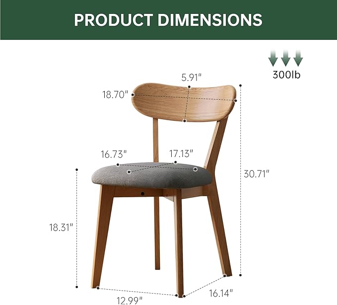 100% Solid Wood Upholstered Dining Chairs, Mid Century Modern Oak Dining Chairs with Curved Back with Butterfly Wing Shape for Kitchen, Dining Room, Restaurant (1PK, Log Color-Dark Gray Cushion)