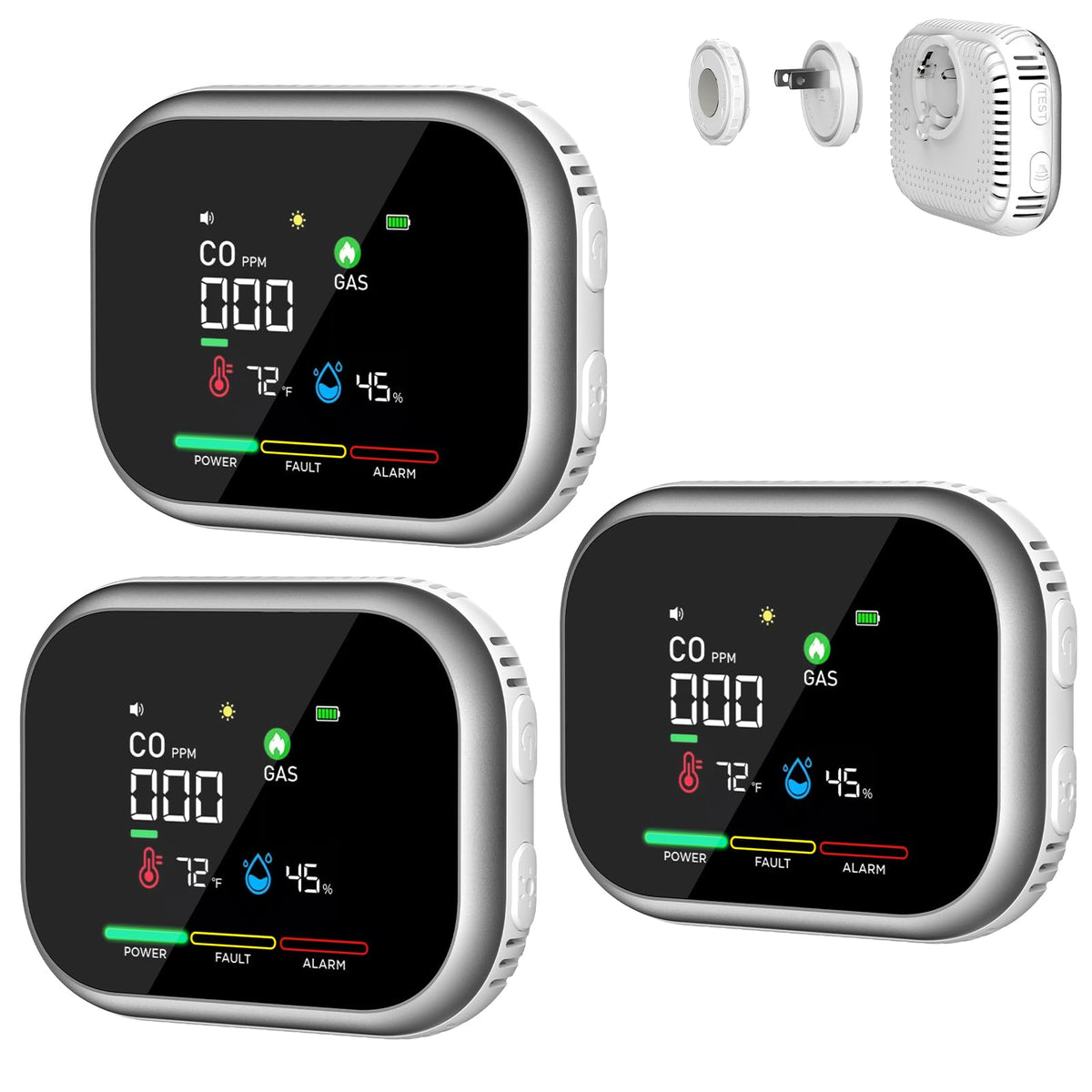 6 in 1 Air Quality Detector with Direct Plug-in Power, Magnetic Base Installation, Built-in Battery Backup, Accurate Environment Tester for Home Car Travel(3 Pack)