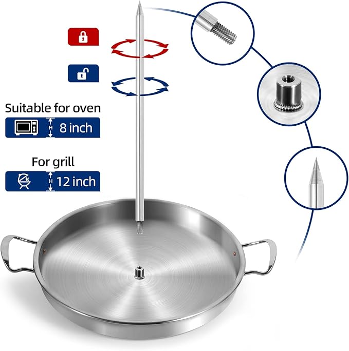 IDAKOS Food-grade 304 Stainless Steel Vertical Skewer Stand with Drip Pan, Anti-Tilt Spit Rack for BBQ Oven Al Pastor Shawarma Kebab