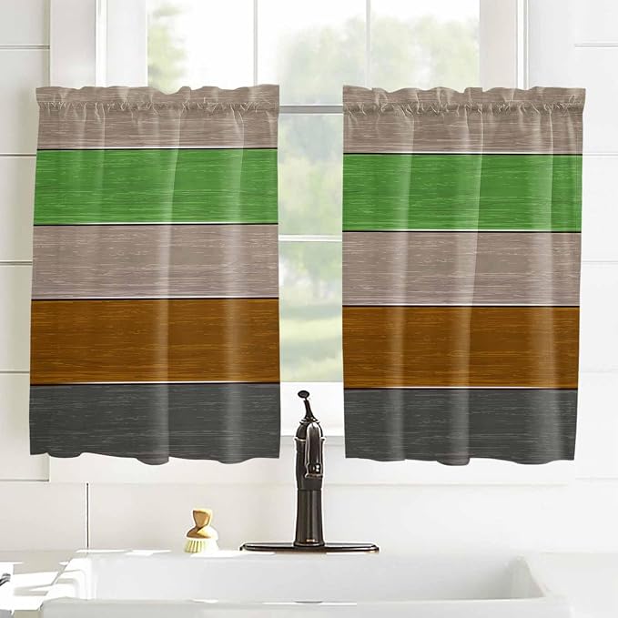 Farm Gray Green Brown Wood Grain Window Valance Curtains, Rustic Wooden Plank