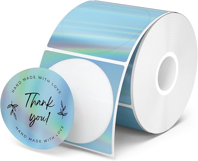 MUNBYN 2" Circle Holographic Thermal Label Stickers Blue, Round Printable Rainbow Glitter Thermal Printer Sticker Labels for Gift Wrapping, Self-Adhesive Name Price Tag DIY Custom Logo Design