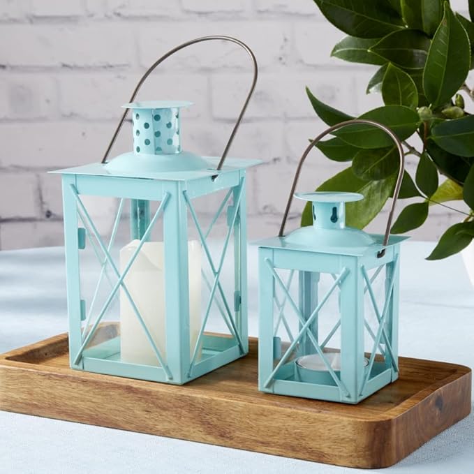 Kate Aspen Rustic Shelf Decor Luminous Vintage Tea Light Votive Candle Holders, Medium Metal Decorative Lantern, Teal Blue