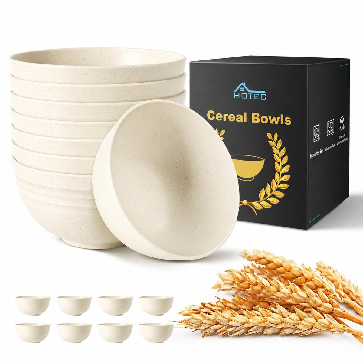 HOTEC Unbreakable Wheat Straw Cereal Bowls - Microwave & Dishwasher Safe Soup and Salad Bowls BPA Free, Set of 8, 26oz, Off-White