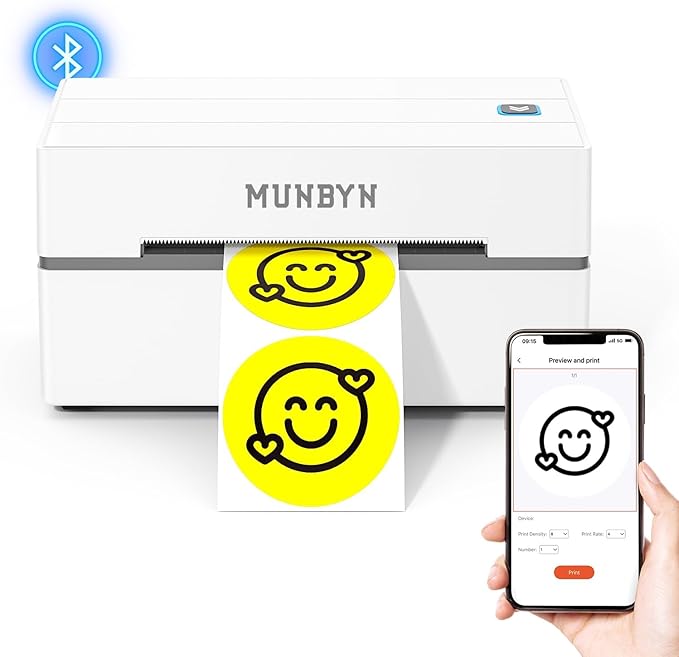 MUNBYN 130B Bluetooth Thermal Label Printer+4x6 Inch Direct Thermal Labels, 1000 Labels/2 Stacks+2 in 1 External Rolls Label Holder