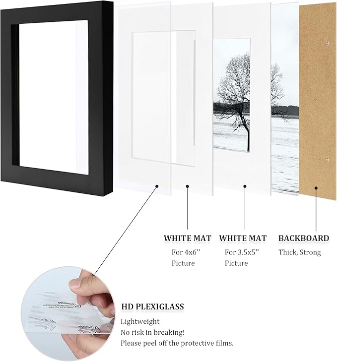Egofine 4x6 Picture Frame Made of Solid Wood with Plexiglass, Display Pictures 3.5x5 with Mat or 4x6 Without Mat for Tabletop and Wall Mounting, Black