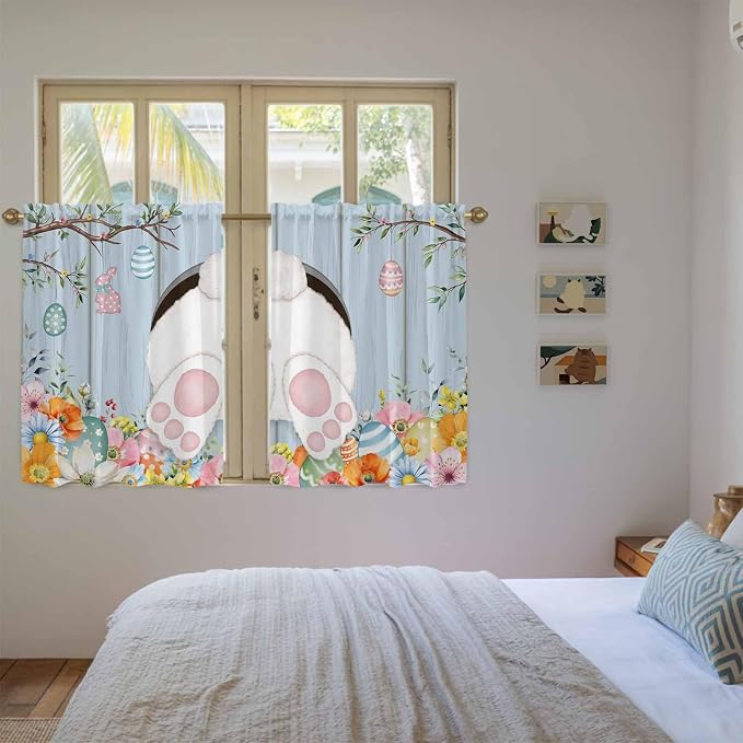 Easter Kitchen Tier Curtains 45 Inch Long 2 Panel Set, Rod Pocket Short Window