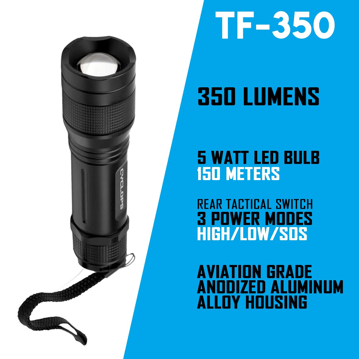 Cyclops TF-350 Lumens 5-Watt LED Bulb Battery Powered Handheld Pocket Flashlight for Camping, Hiking, Emergency